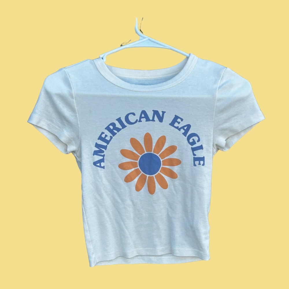 American Eagle Outfitters White Tee with Blue and Orange Graphic